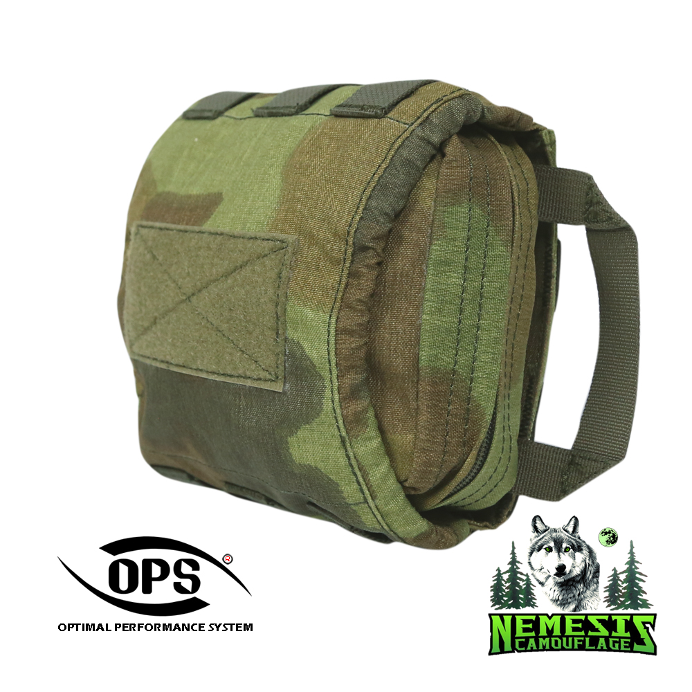 Ambidextrous dual drag handles on tactical medic pouch for rapid deployment.