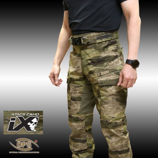 O.P.S. Traverse Warrior Pants in A-TACS iX camouflage pattern with molded knee pads and 10-pocket cargo layout.