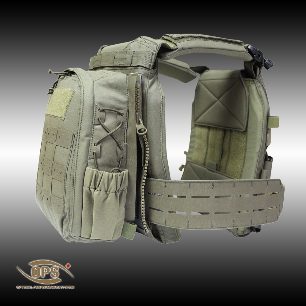 OPS tactical back panel showing DuraStretch 4-way stretch side pockets with bungee cord