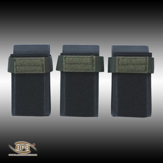 Three O.P.S. adjustable molded polymer magazine inserts with hook and loop backing on a white background.