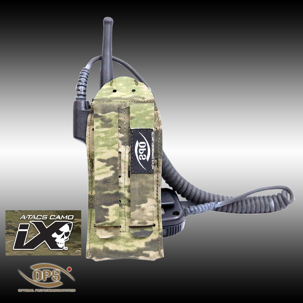 Laser-cut MOLLE webbing on the back of O.P.S. tactical radio pouch for vest mounting.