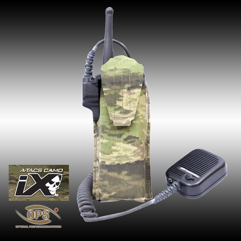 Tactical MOLLE radio holder clearing side-mounted PTT adapter and public safety hand mic.