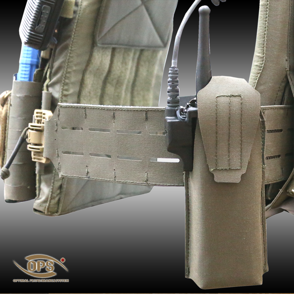 O.P.S. laser cut tactical radio pouch mounted on a MOLLE plate carrier duty rig.